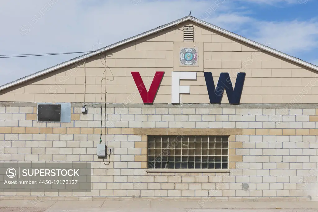 VFW building, the Veterans of Foreign Wars organization, sign and window. 