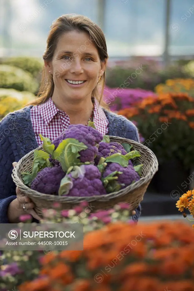 A woman holding a bowl of fresh produce, purple sprouting broccoli. Flowering plants. Crysanthemums.Woodstock, New York, USA