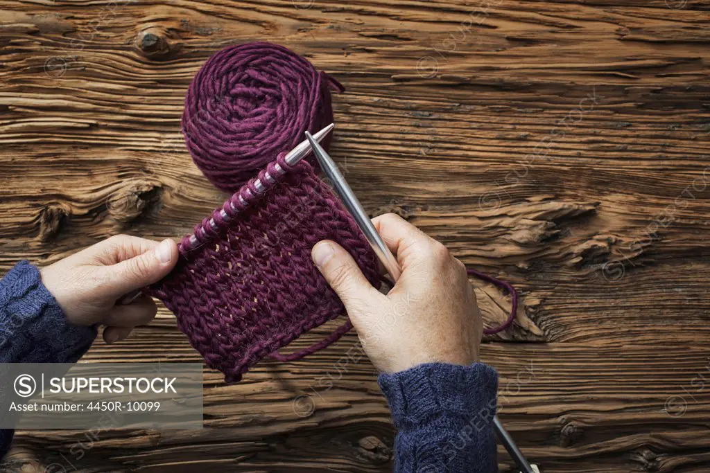 A woman holding two knitting needles, and a piece of knitting, in purple wool. Woodstock, New York, USA