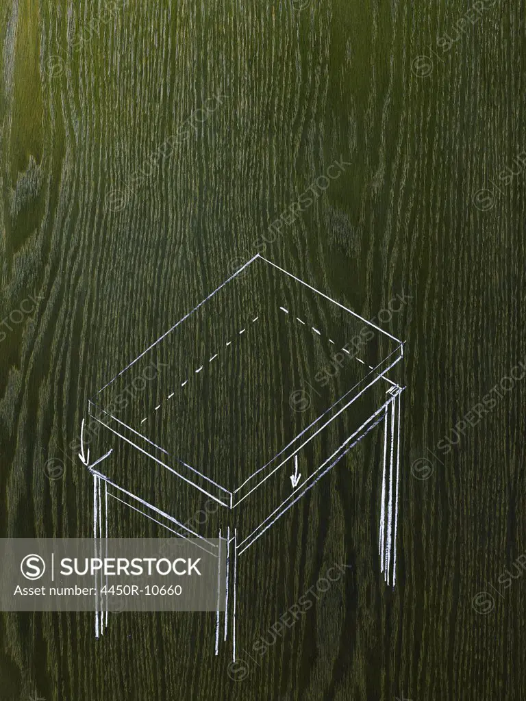 A line drawing image on a natural wood grain background. A rectangular table with a detached top.