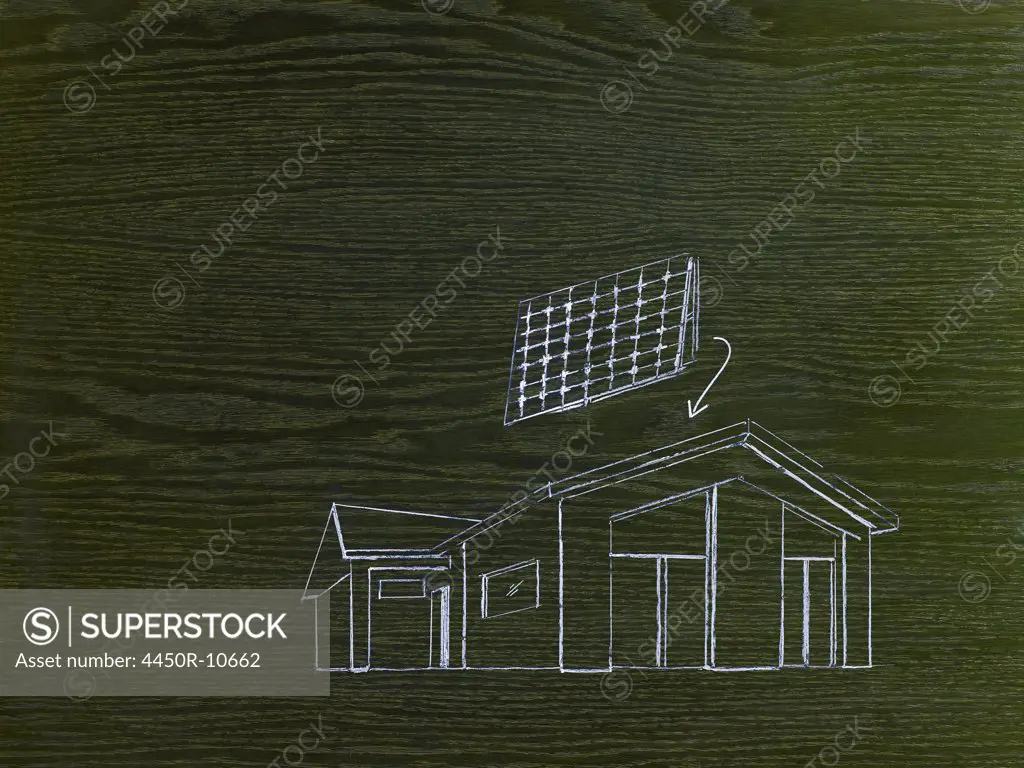 A line drawing image on grained wood. A green building project, a house with solar panels for the roof.