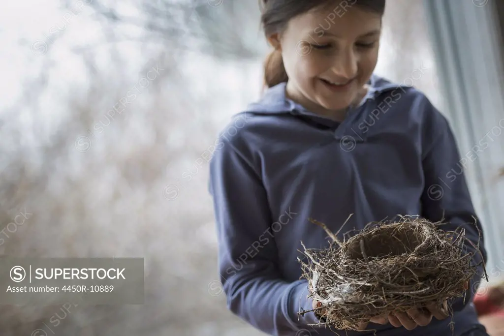 An organic farm in winter in New York State, USA. A young girl holding a bird's nest woven from twigs and leaves. West Kill, New York, USA