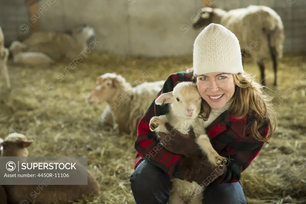 An Organic Farm in Winter in Cold Spring, New York State. A family working caring for the livestock. A woman holding a small lamb. Cold Spring, New York, U.S.A.