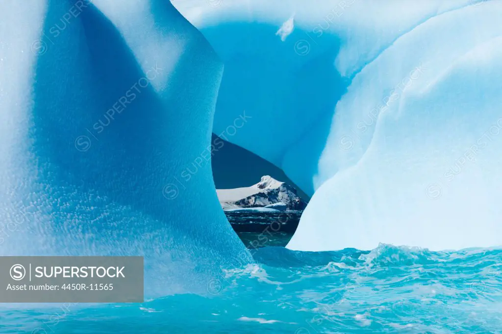 Floating icebergs framing a view of the ocean, Antarctica Antarctica