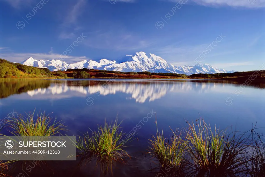 Mount McKinley in Denali National Park, Alaska reflected in Reflection Pond. Denali National Park, Alaska, USA