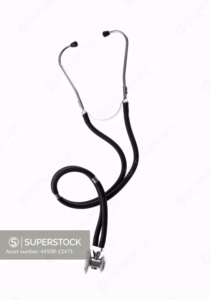 A doctor's stethoscope, a diagnostic instrument for assessment of health. Black tubing. Ear pieces, and a chest piece. New York City, USA