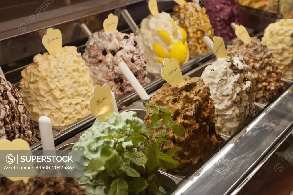 Selection of ice cream at a Tuscan ice cream parlour.