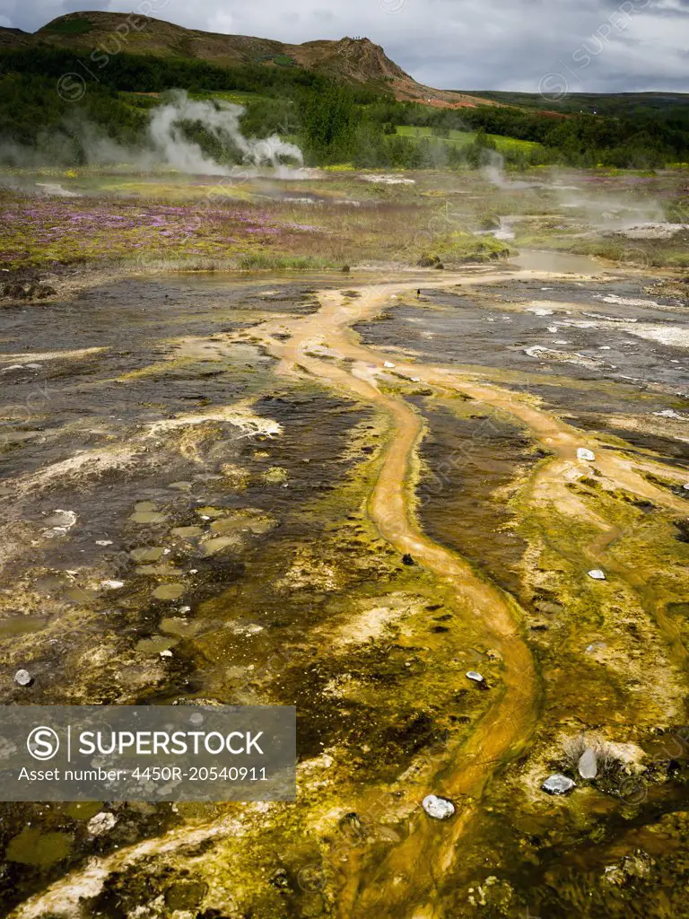 Steam rising from hot springs near a Geysir in an area of geothermal activity