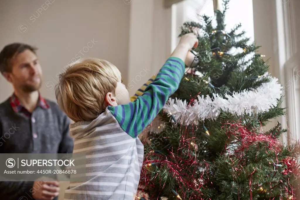 A man and a boy decorating a Christmas Tree together.
