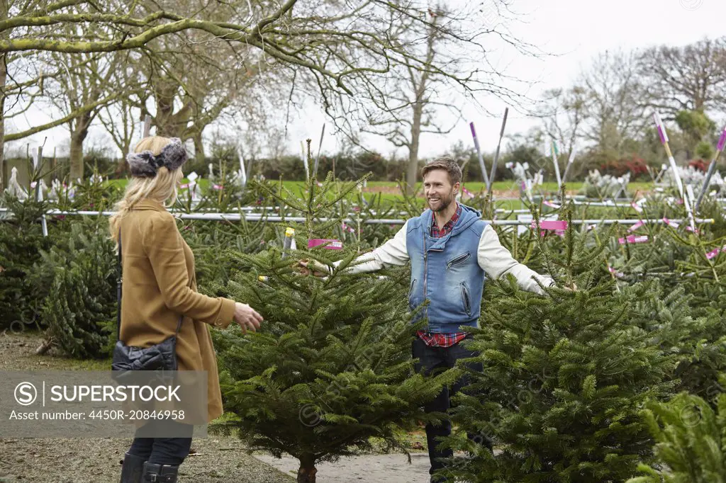 A woman shopping for a Christmas tree, assisted by staff.