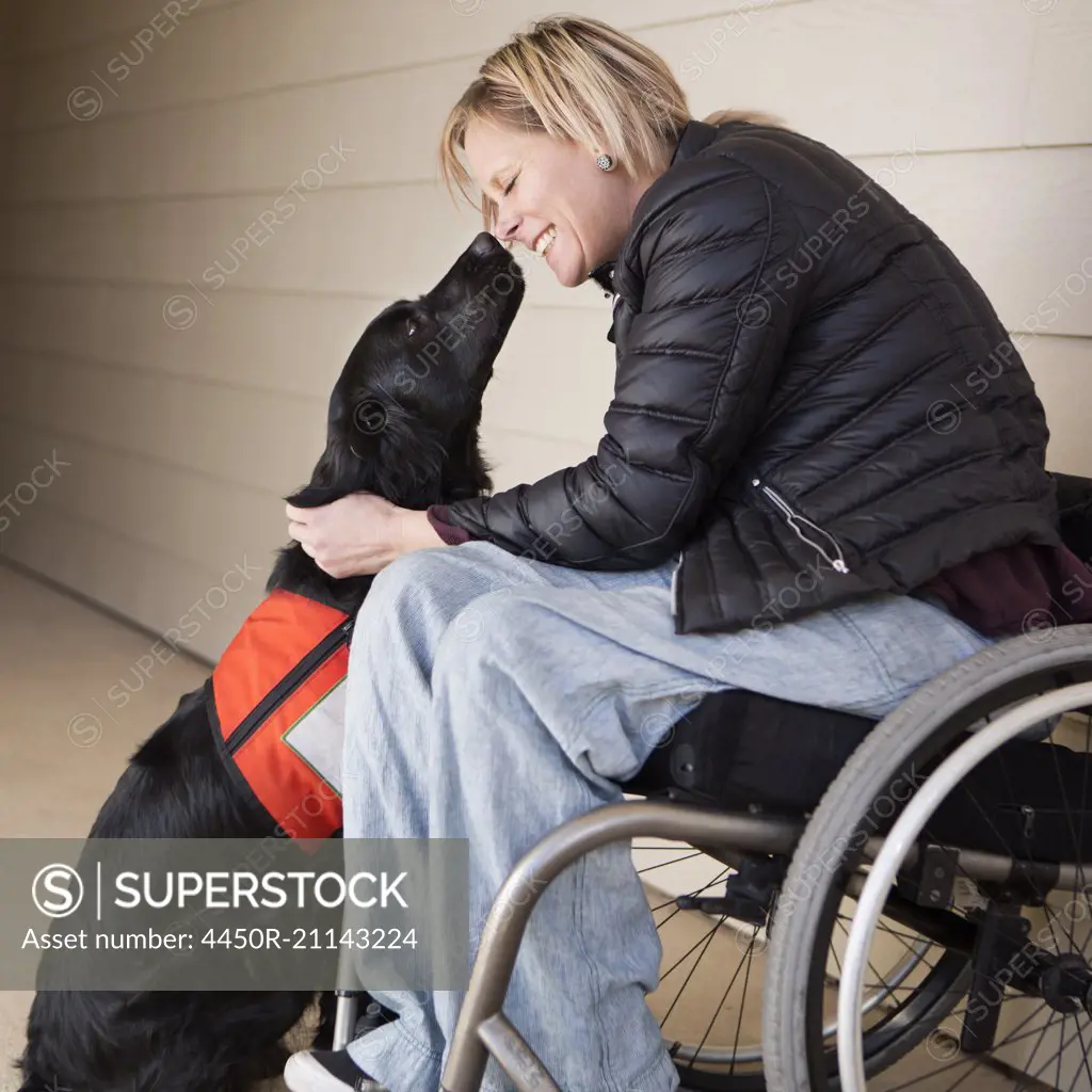 A mature woman wheelchair user with her service dog, a black labrador, leaning in towards each other.