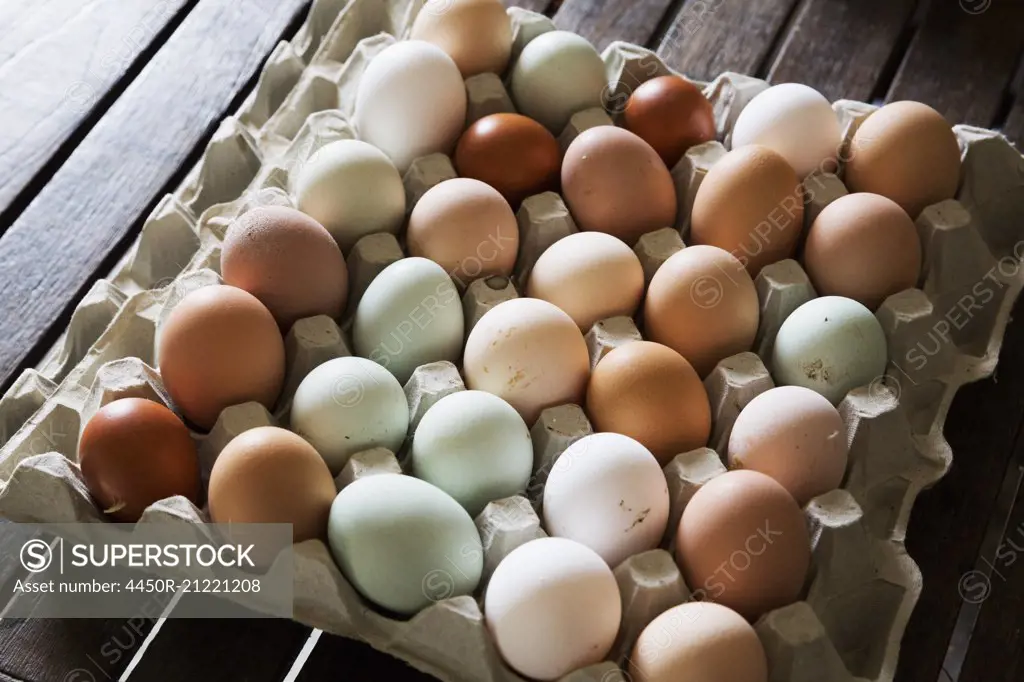 A tray of fresh organic eggs, in a variety of colours.