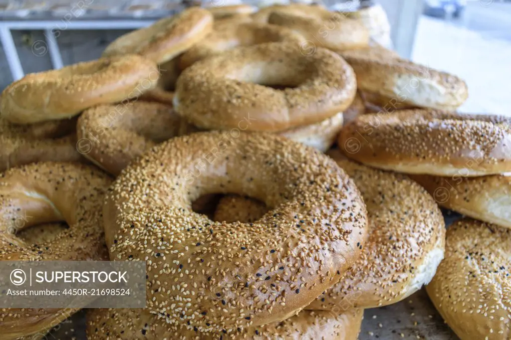 Close up of bagel shaped sesame seed bread in Jordan.