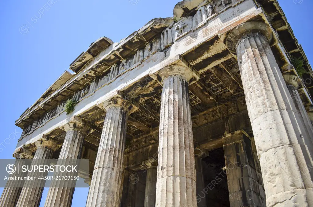 Low angle close up of classical Greek temple, Athens, Greece.