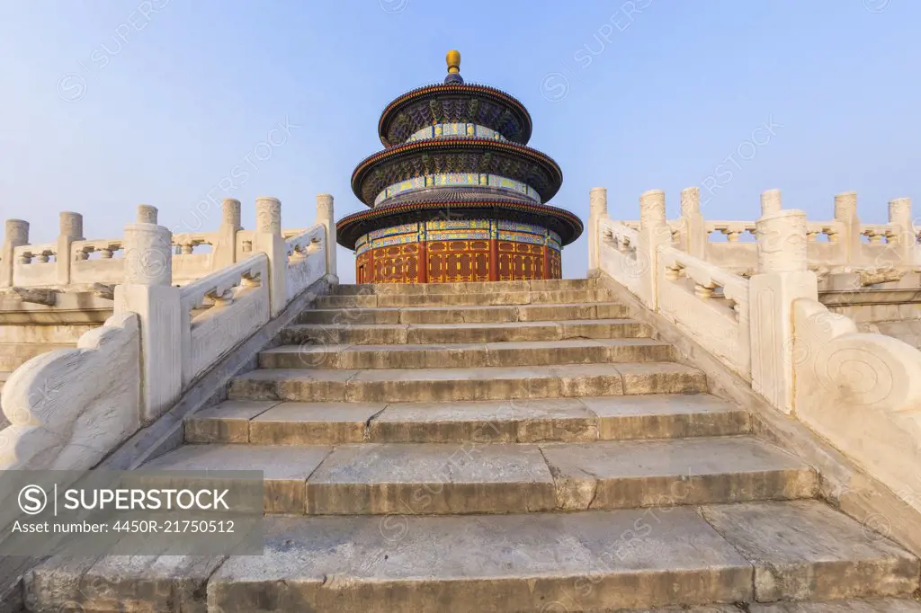 Low angle view of staircase leading to the Temple of Heaven, Hall of prayer for the Harvest, Beijing, China.