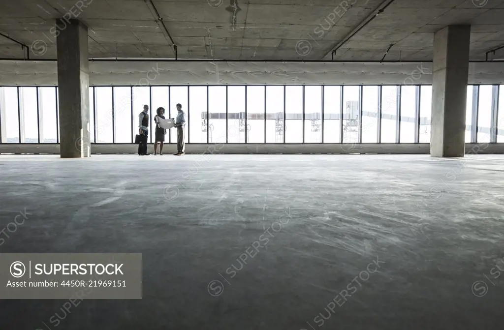 Group of business people looking at a new empty raw office space.
