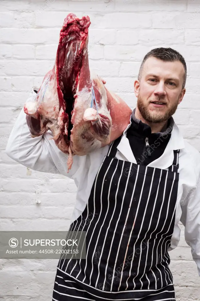 A butcher holding a complete prepared lamb meat carcass for cutting into smaller joints for sale.