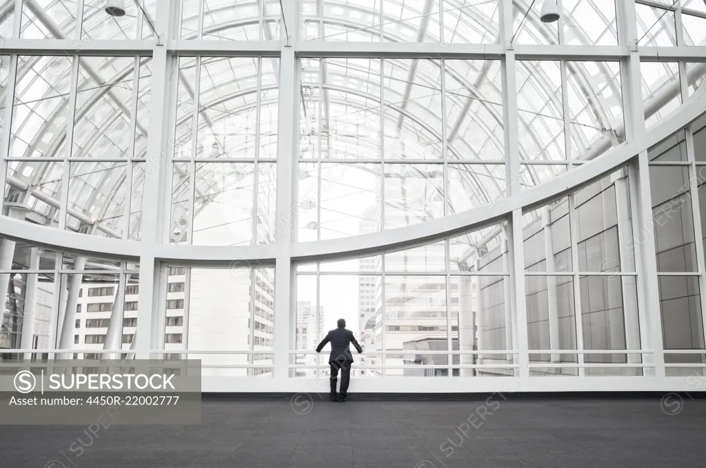 A man standing in an open space in a glass atrium in an office building, leaning on a railing, rear view.
