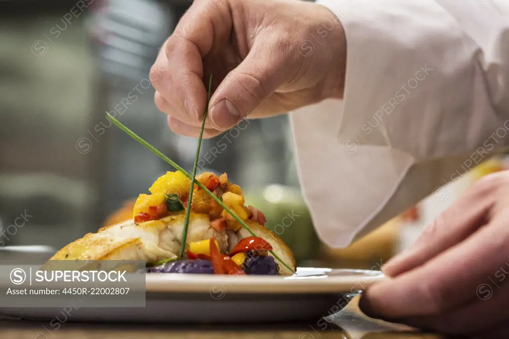 A closeup of the hands of a chef putting the final dressing on a plate of fish in a commercial kitchen,