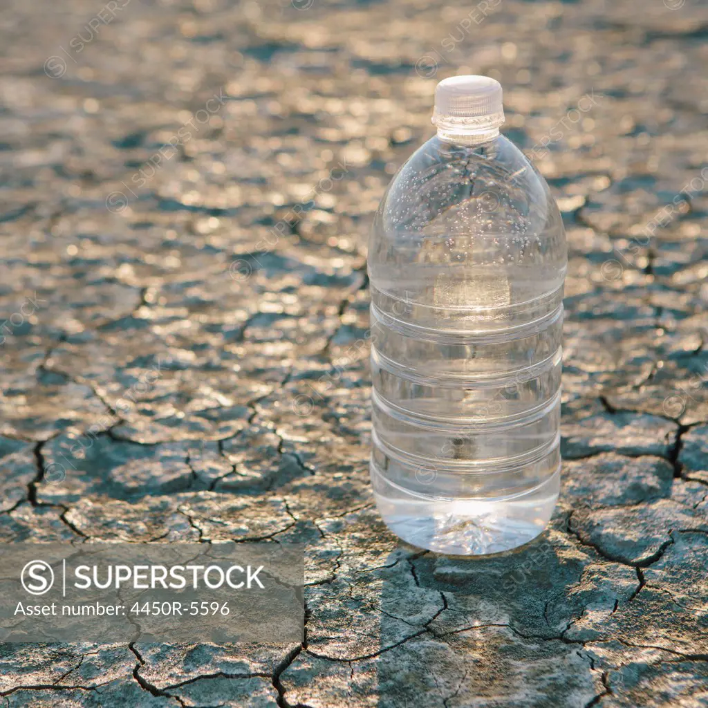 The landscape of the Black Rock Desert in Nevada. An essential element for survival. A bottle of water. Filtered mineral water.