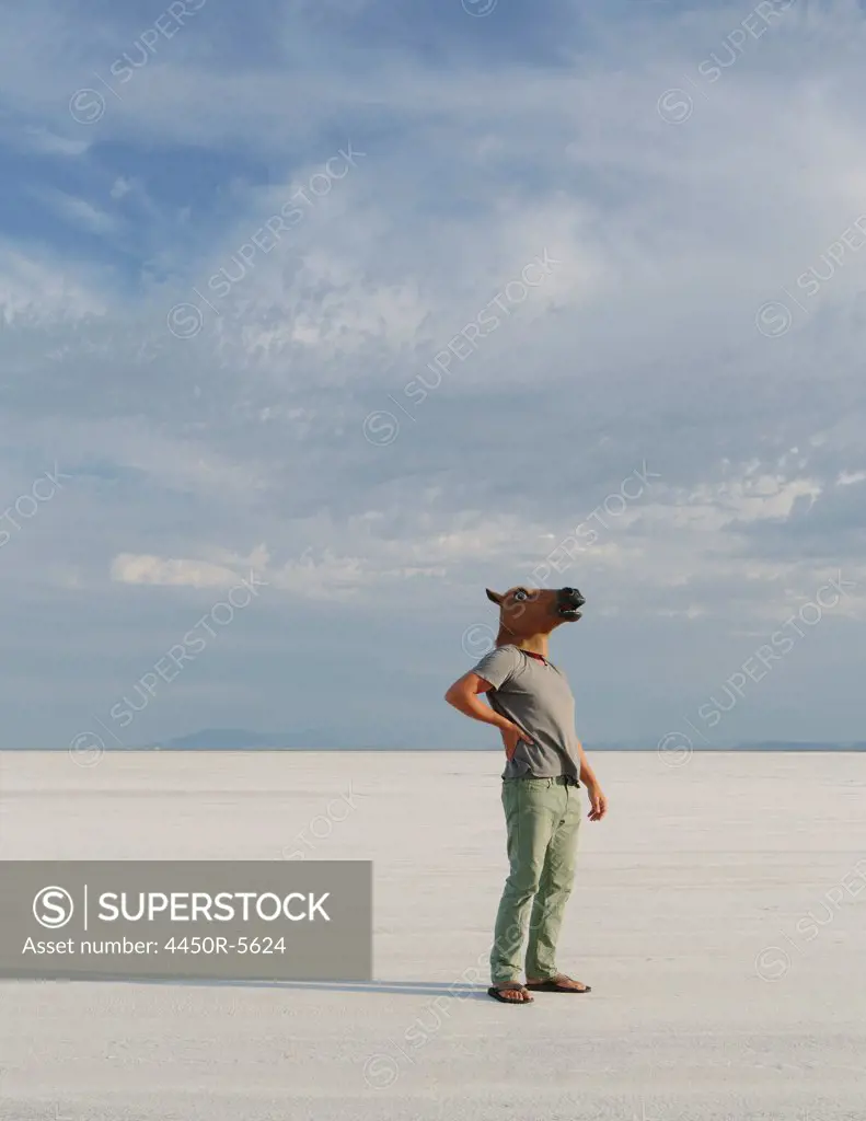 A man wearing a horse mask, standing on the Bonneville Salt Flats.