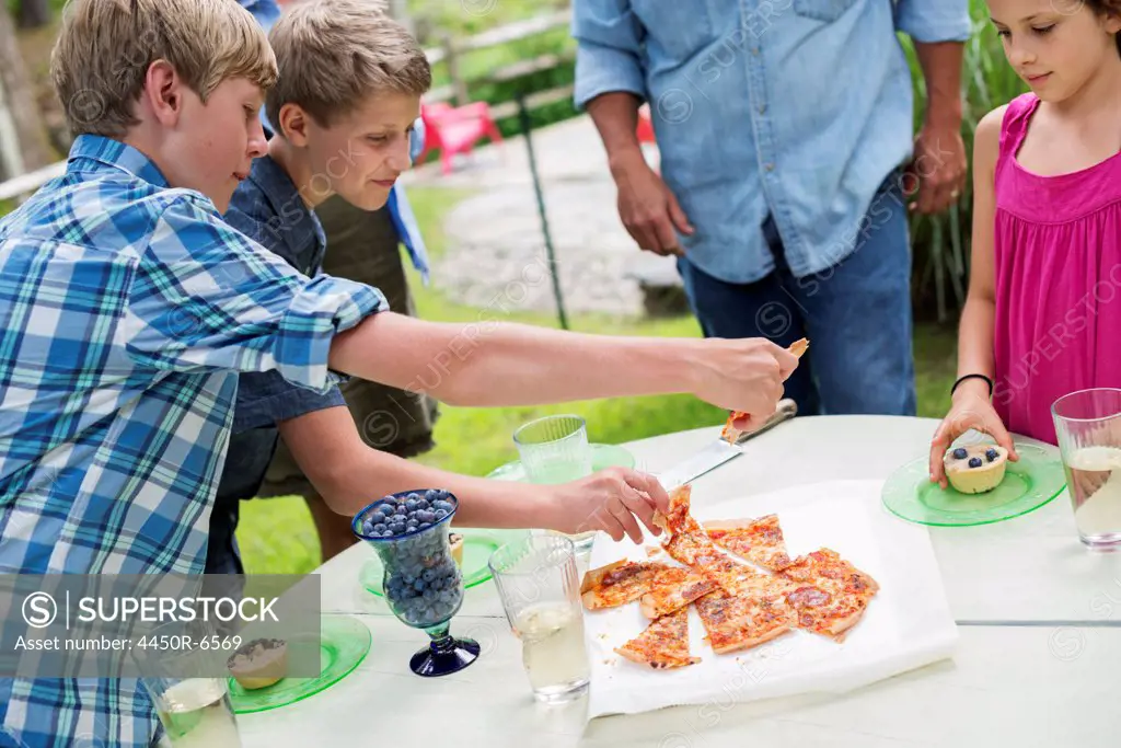 Organic Farm. An outdoor family party and picnic. Adults and children. Plate of pizza.