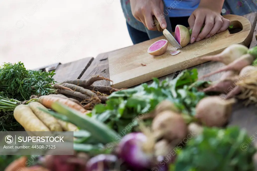 A person chopping freshly picked vegetables and fruits.