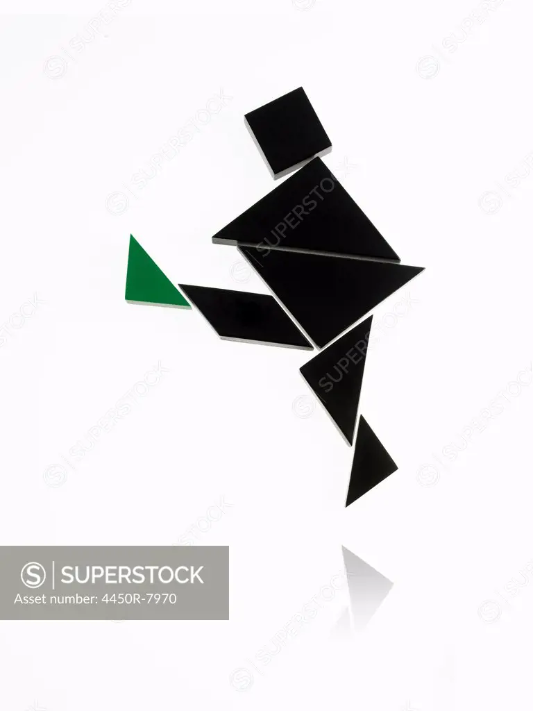A number of triangles, squares and shapes arranged to represent a human being, in motion or action.  7/1/2012