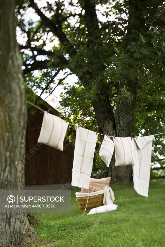 A washing line with household linens and washing hung out to dry in the fresh air. Maryland, USA. 9/4/2009