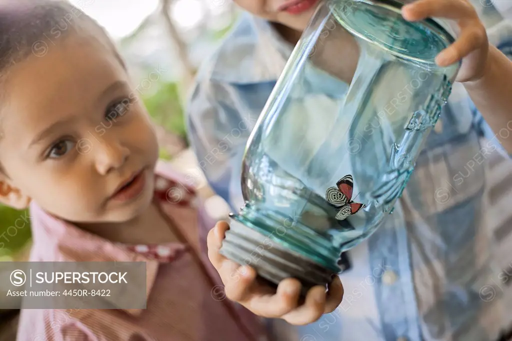 A child holding a glass jar and examining a butterfly. Utah, USA. 5/2/2012