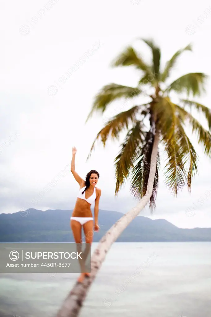 A woman balancing on a leaning palm tree in Las Galeras, Samana Peninsula, Dominican Republic. Samana Peninsula, Dominican Republic. 4/6/2011