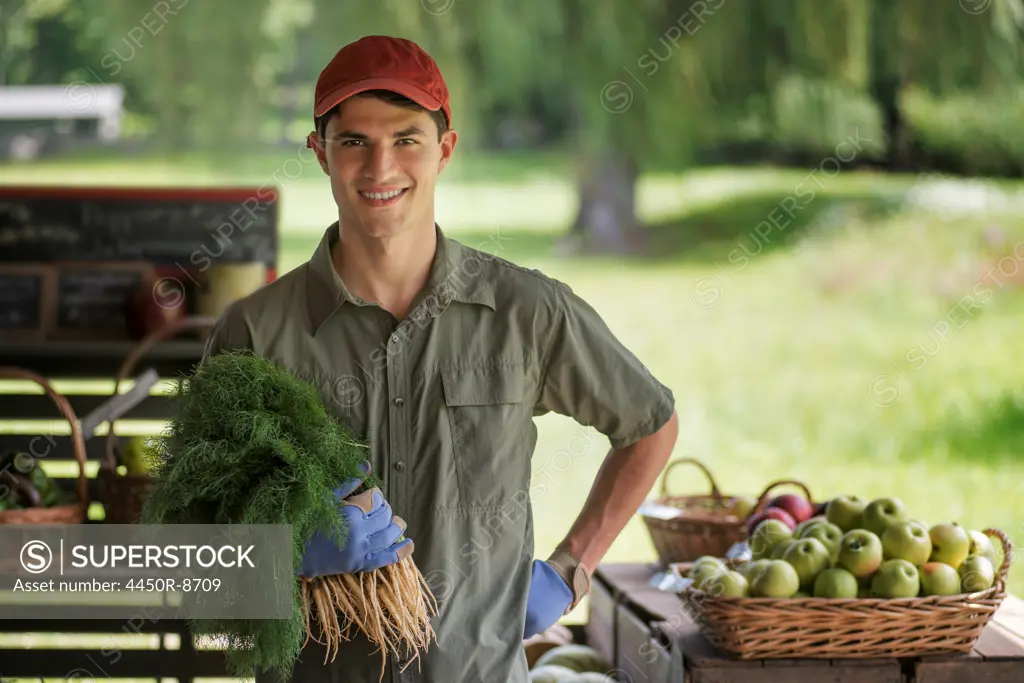 Organic farmer, young man holding baskets of fresh fruit at a market farm stand. Woodstock, New York, USA. 4/25/2012