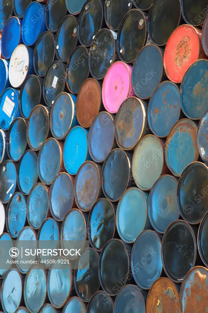 Oil barrels stacked up, Seattle, Washington, USA. 10/8/2012