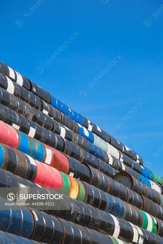 Oil barrels stacked up, Seattle, Washington, USA. 10/8/2012