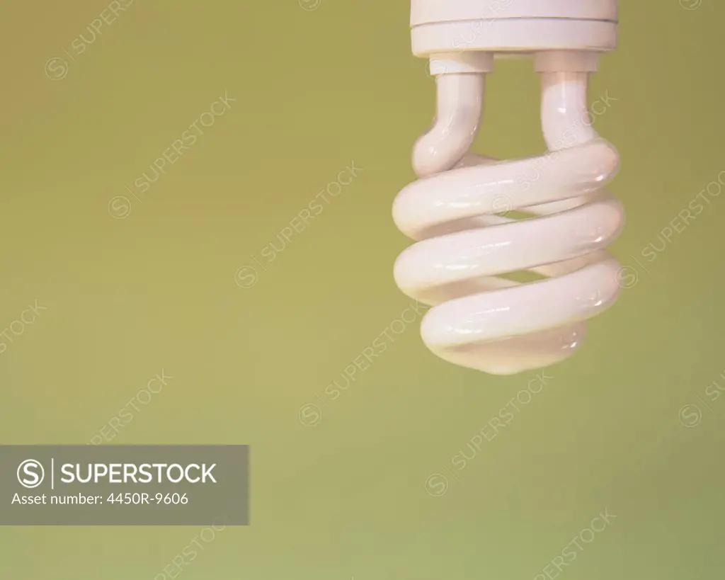 An energy efficient compact fluorescent light bulb, a CFL, with a curled element. A light green background. 10/16/2012