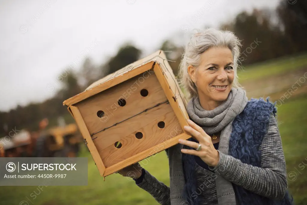 Organic Farmer at Work. A woman holding a bug box, a wooden box with holes for insects to nest in.Accord, New York, USA