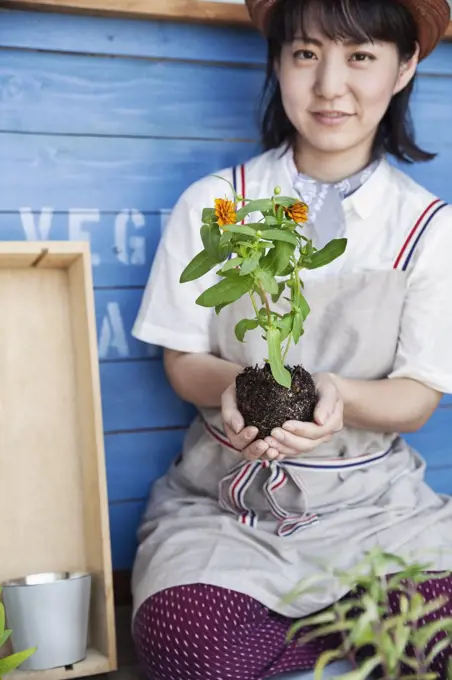 Japanese woman sitting outside a farm shop, planting flowers into flower pots.