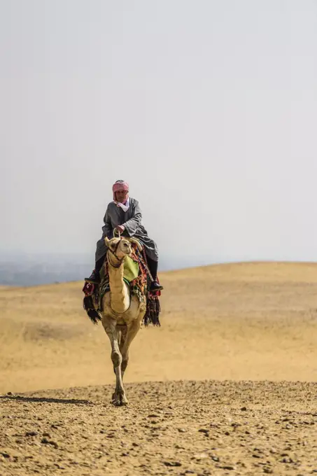 Man riding a camel in the desert outside Cairo