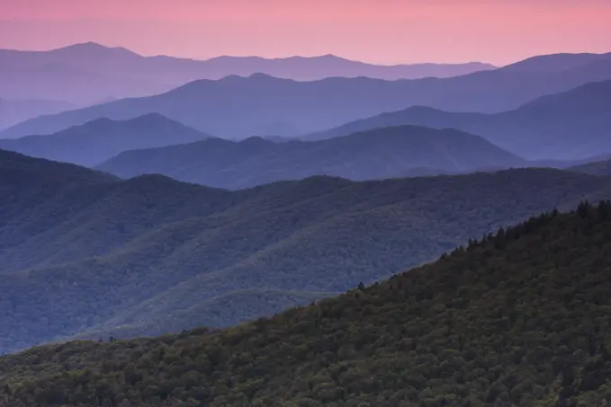 The Great Smoky Mountains in Tennessee at dusk.