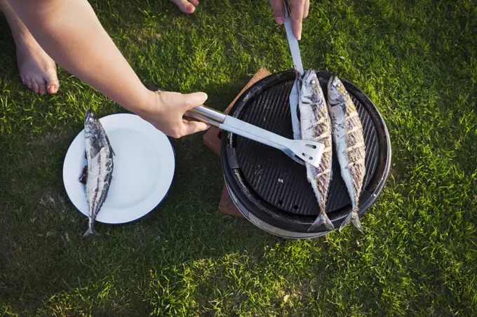 A woman barbequeing two fresh mackerel fish on a small grill, turning the fish.