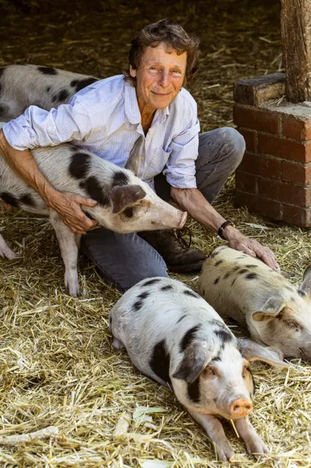Smiling senior woman kneeling in barn with Gloucester Old Spot pigs.