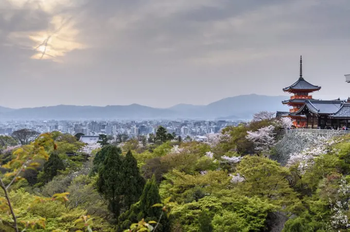 Higashiyama Fuji Yasaka pagoda with the cityscape of Kyoto in the distance,Japan.