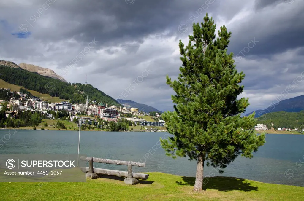St Moritz City and Lake in a Sunny Day with Overcast in Grisons, Switzerland.