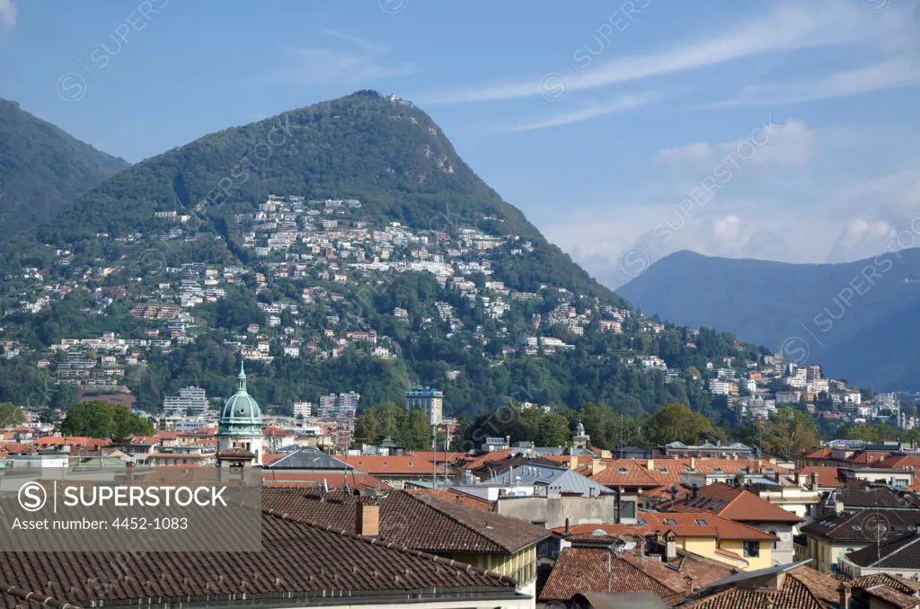 City of Lugano with Mountain Peak in Ticino, Switzerland.