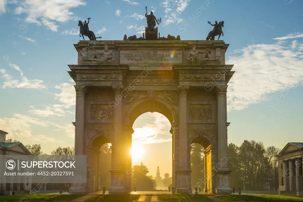 Peace Arch and Sforza Castle in Milan with Sunlight in Lombardy, Italy