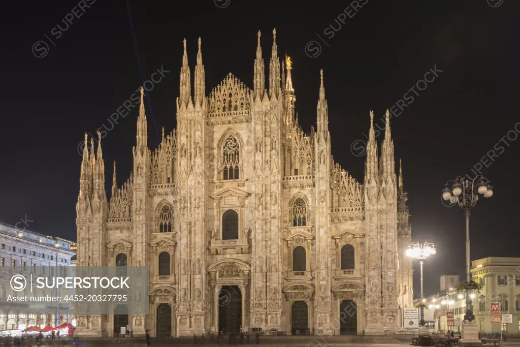 Milan Cathedral at Night in Lombardy, Italy.