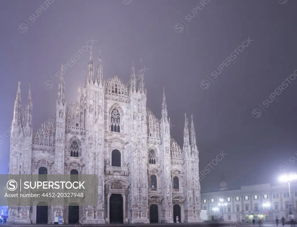 Milan Cathedral at Nigth with Fog Lombardy, Italy.
