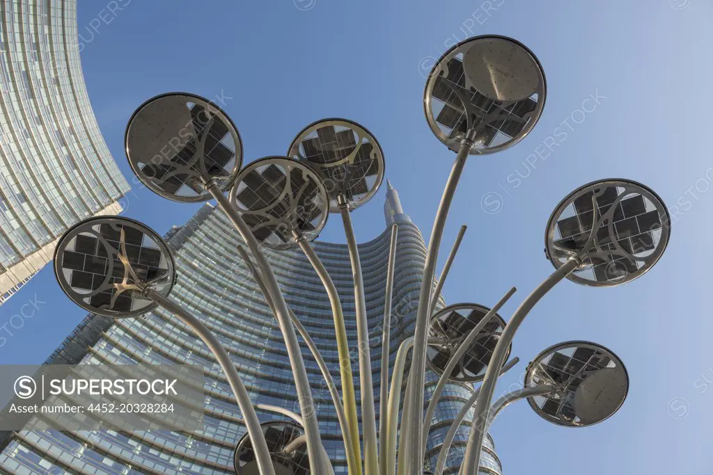 Skyscraper and Modern Street Lamp in Porta Nuova in Milan, Lombardy in Italy.