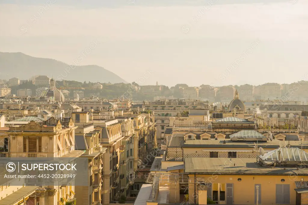 Cityscape with Sunlight over Genoa, Liguria in Italy.