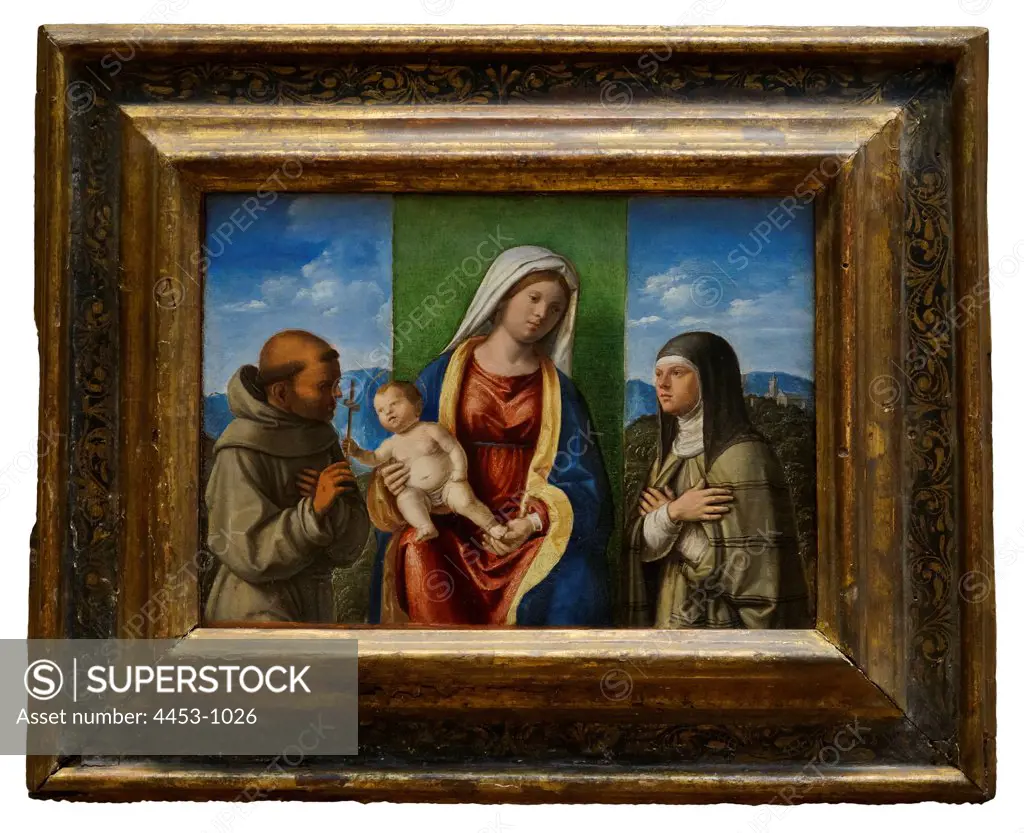 Cima da Conegliano (Giovanni Battista Cima); Italian; Conegliano ca. 1459-1517/18 Venice or Conegliano; Madonna and Child with Saints Francis and Clare; Oil on wood. Gold frame.